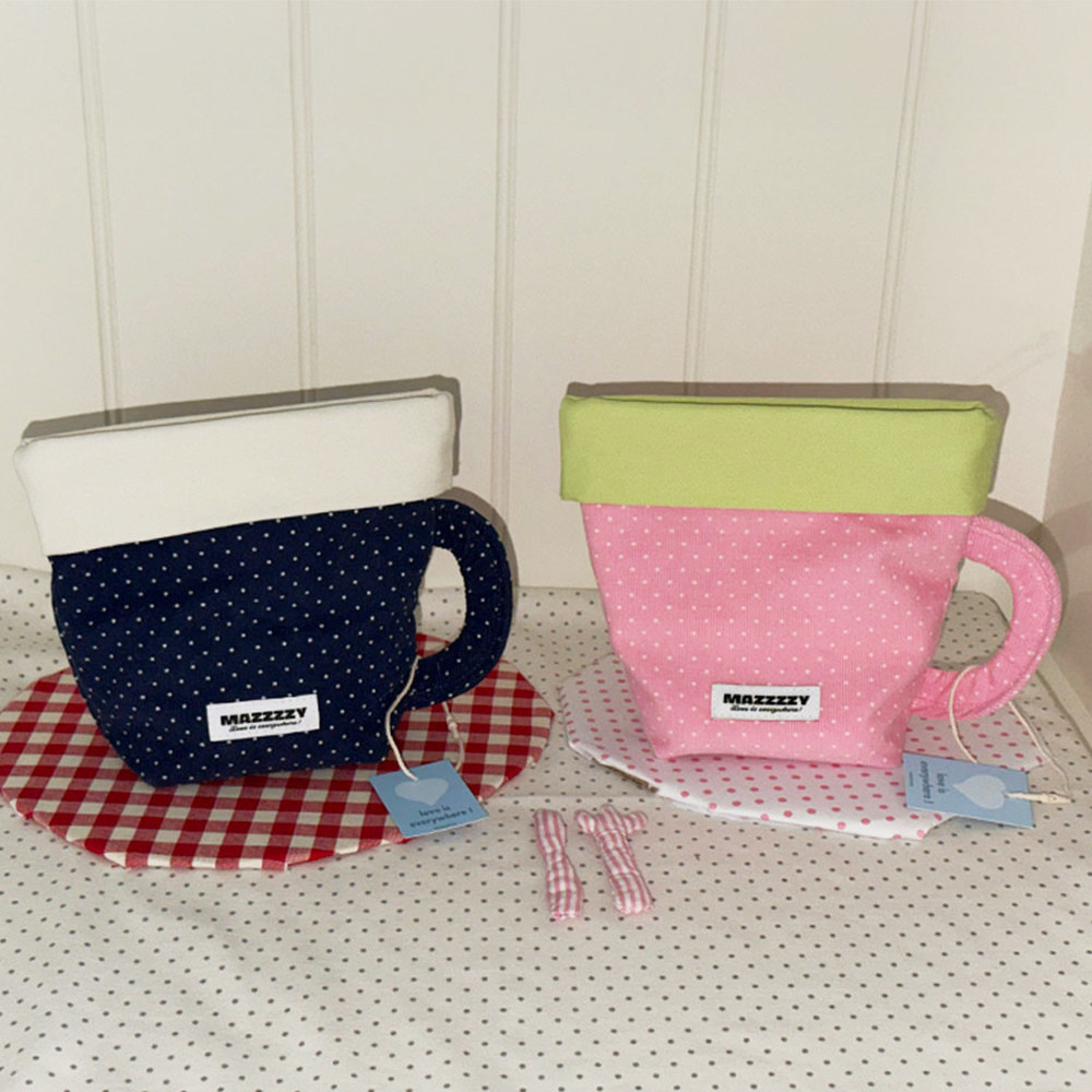 韩国MAZZZZY复古波点收纳包杯子样式拼色手提大容量化妆包口红包