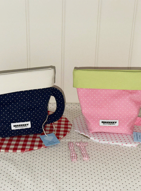 韩国MAZZZZY复古波点收纳包杯子样式拼色手提大容量化妆包口红包