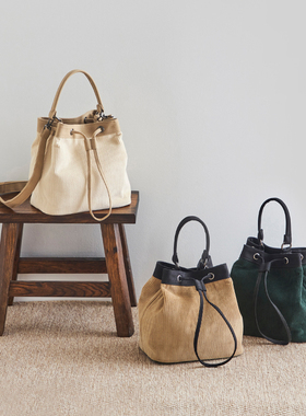 韩国ithinkso时尚灯芯绒抽绳水桶包大容量女通勤包单肩斜挎手提包