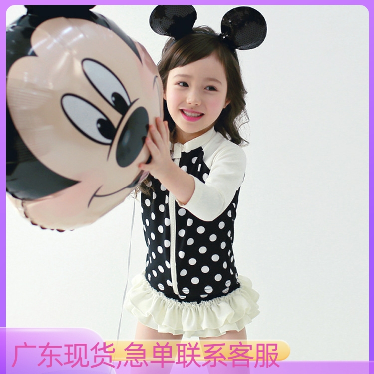 韩版儿童泳衣女童圆点中大童泳装配帽4件套防晒温泉长袖分体泳衣