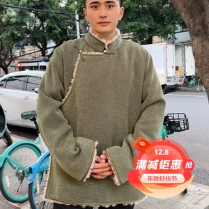 2023年新藏服早秋冬男外套雪尼尔仿羊绒素色加绒加厚上衣民族风
