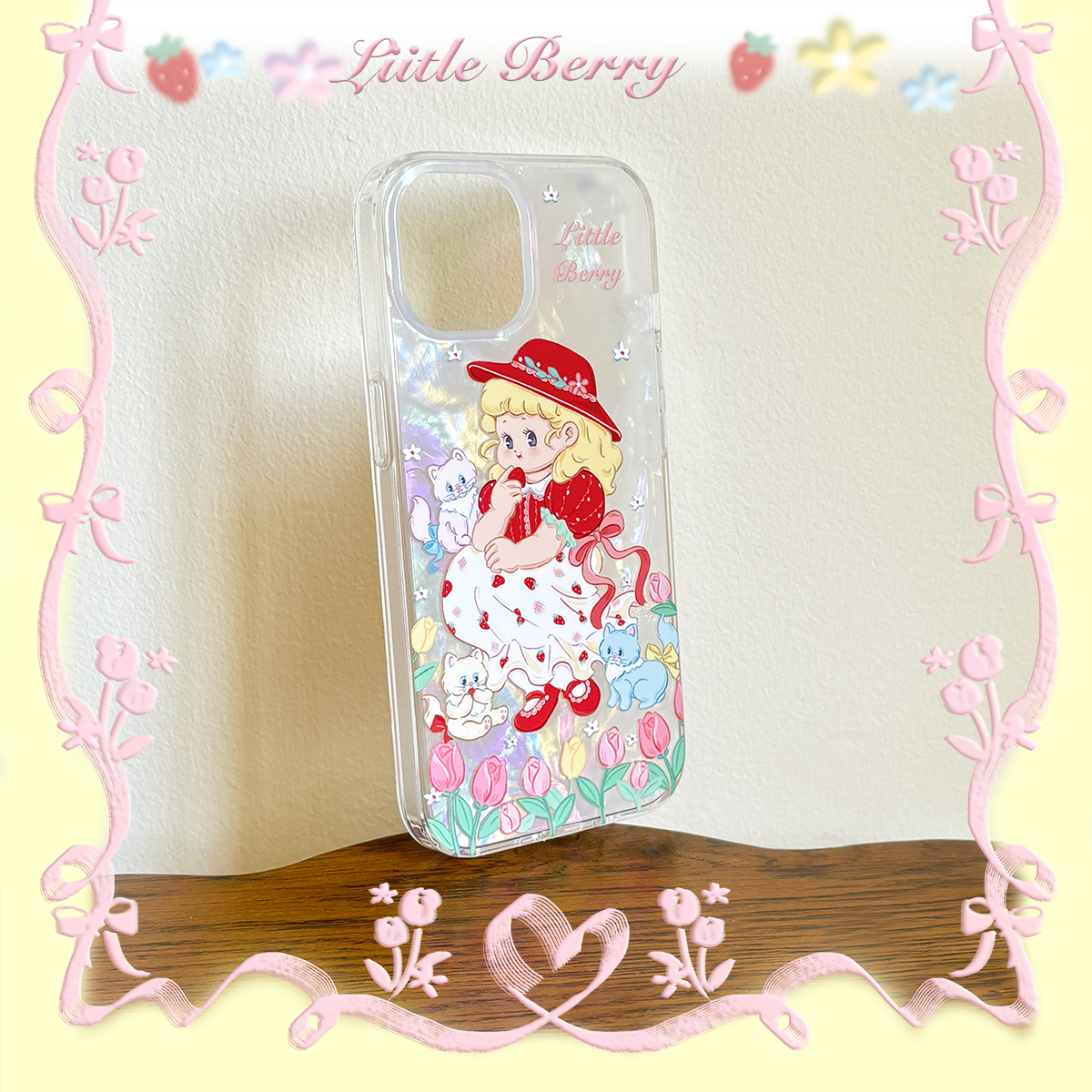 Little Berry双层手机壳闪耀贝壳底彩色不规则纹路红帽子草莓小猫咪原创插画全包镜头精孔