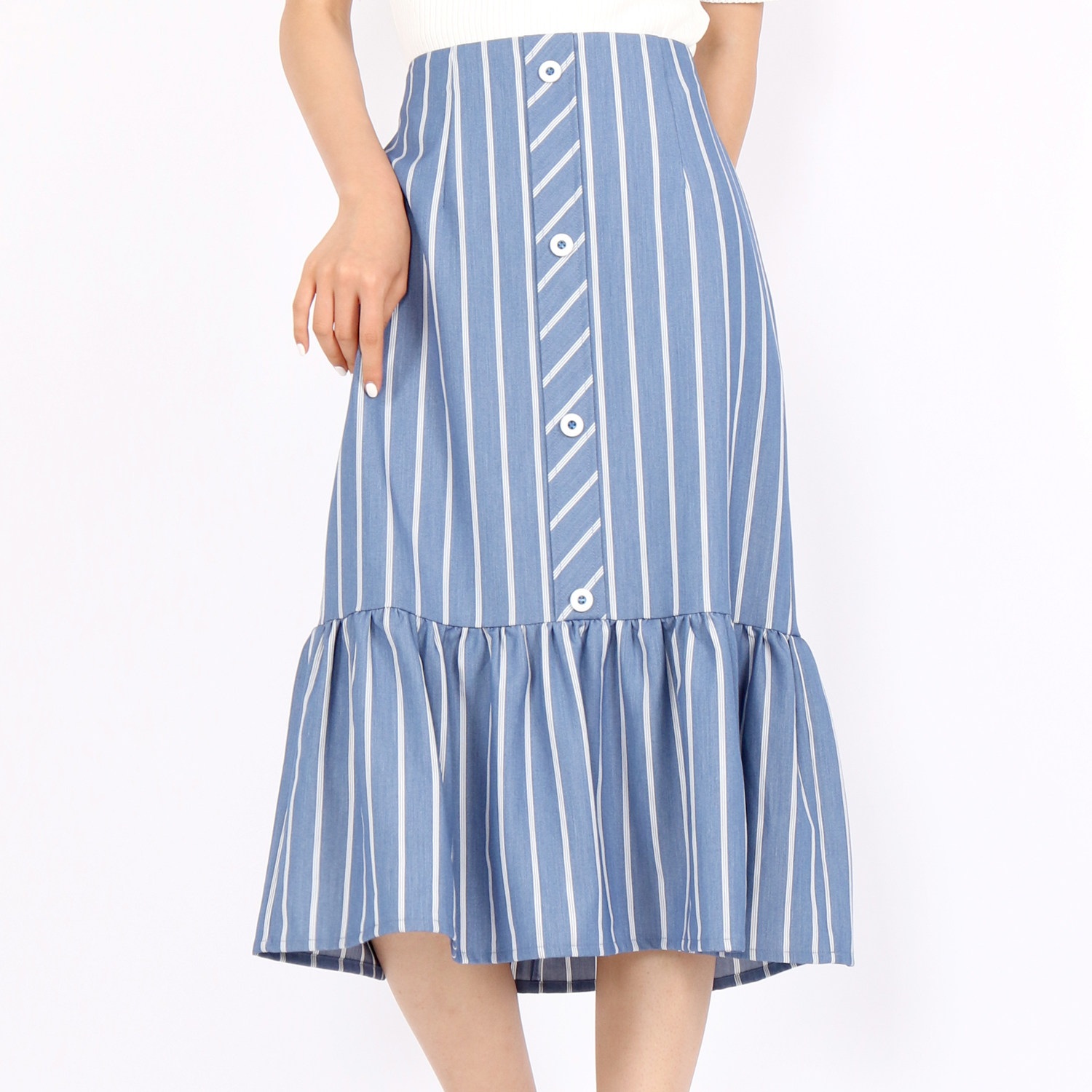 韩真印象夏季条纹印花高腰显瘦下摆打褶半身裙20230225