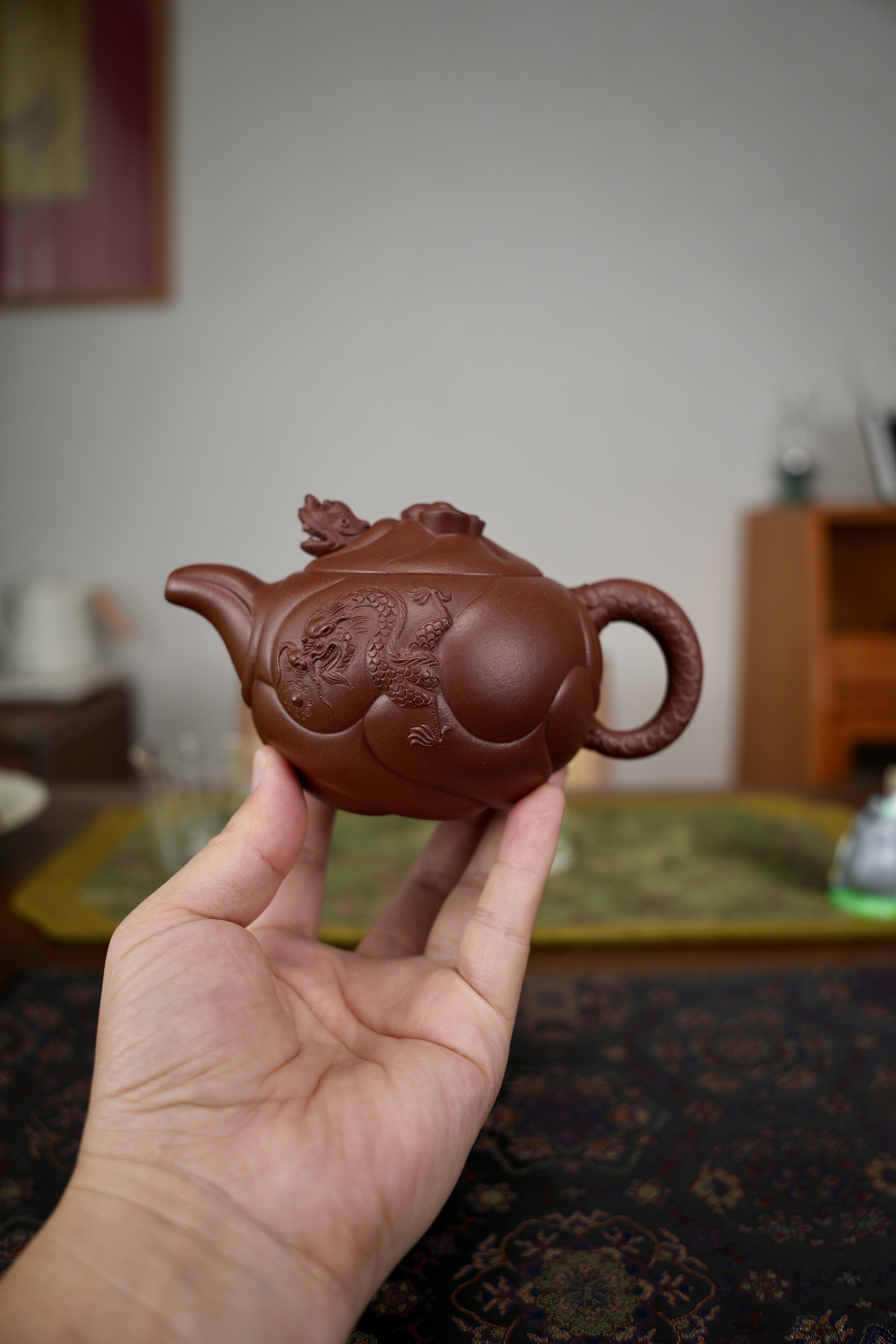 宜兴紫砂壶 手工摹古黄玉麟鱼化龙花货 底槽清300cc网孔泡茶器具