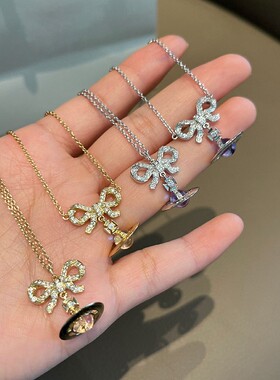 全新甜美蝴蝶结紫色星球吊坠项链森系宇宙土星925银短款锁骨链女