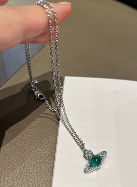 新品湖蓝色转动珠土星吊坠项链短款学生简约锁骨链颈链森系饰品女