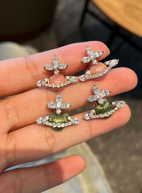 微镶锆石治愈橄榄绿色粉色珐琅钻星球耳钉土星耳环春夏新款耳饰女