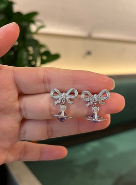 925纯银耳钉女甜美蝴蝶结紫色星球吊坠耳环防过敏微镶耳饰轻奢风