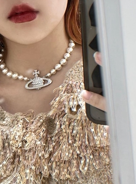 全新中号满钻大土星珍珠项链chocker百搭短款颈链星球吊坠锁骨链