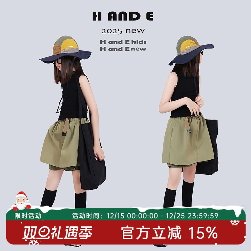 H AND E 原创童装2025夏季山系工装风甜酷军绿色假两件短裙裤女童