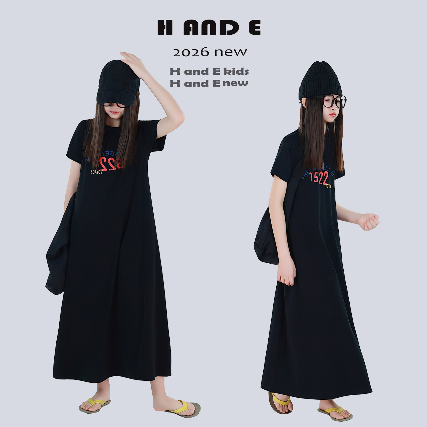 H AND E 原创童装26夏季1522印花黑裙短袖宽松休闲长裙母女亲子装