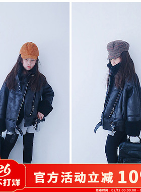 H AND E原创女童皮毛一体羊羔绒外套时尚黑色机车服加厚儿童上衣