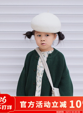 原创童装绿色羊毛针织外套纽扣开衫毛衣圆领长袖女童孩上衣