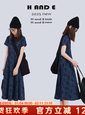 H AND E 原创童装2026夏季蓝色卡通米奇圆领短袖连衣裙长裙女童