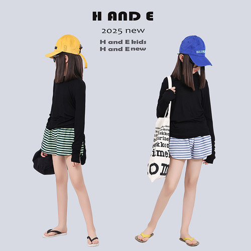 H AND E 原创童装2026夏季两色条纹毛巾布短裤宽松居家外穿女童