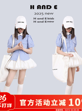 H AND E 原创童装2026夏季格子蓬蓬袖短袖衬衫清新甜美蓝色上衣女