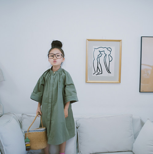 女童风衣森系中长款绿灰色纯棉日系儿童洋气外套2026秋季新款童装