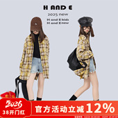 原创童装 2026春季 磨白黄格子长袖 上衣女童亲子装 衬衫 母女 AND