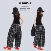原创童装 2026夏季 黑色休闲阔腿格子裤 女童母女亲子装 AND