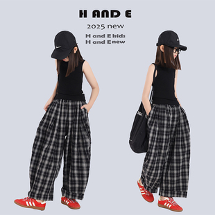H AND E 原创童装2026夏季黑色休闲阔腿格子裤女童母女亲子装