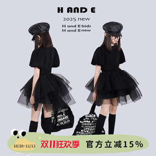 H AND E 原创童装2026夏季黑色蓬蓬裙公主纱裙灯笼短袖连衣裙女童