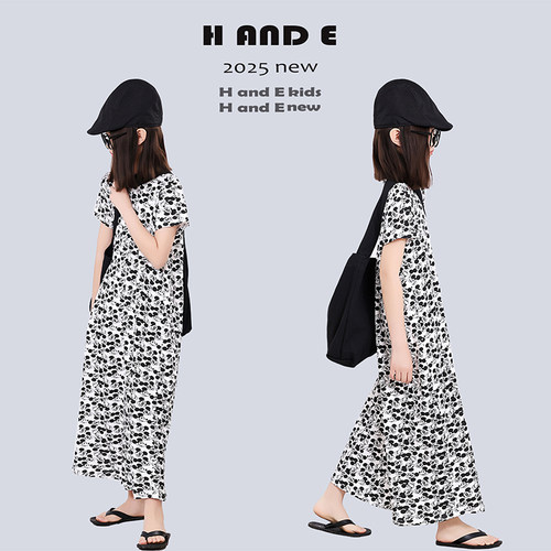 H AND E 原创童装2026夏季黑白米奇长裙短袖收腰显瘦休闲连体裙子