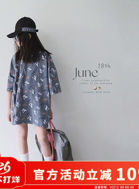 H AND E 原创童装灰色卡通小狗短袖T恤2026夏季新款纯棉宽松上衣