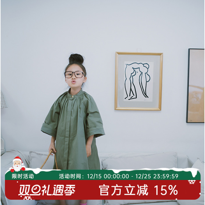 女童风衣森系中长款绿灰色纯棉日系儿童洋气外套秋季童装