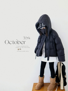 H AND E 原创童装女童黑色连帽短款羽绒服2025冬季新款保暖厚外套