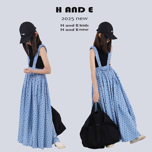 H AND E 原创童装2026夏季蓝色高级感背带连衣裙女童母女亲子装