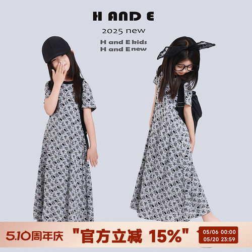 H AND E 原创童装2026夏季灰色米奇甜美圆领收腰显瘦连衣长裙女童