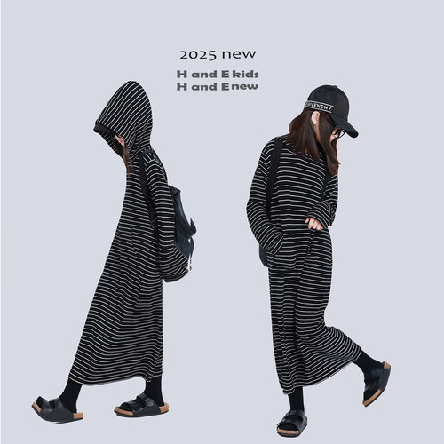 H AND E 原创童装25冬季休闲黑白条纹长款连帽直筒卫衣裙女童亲子