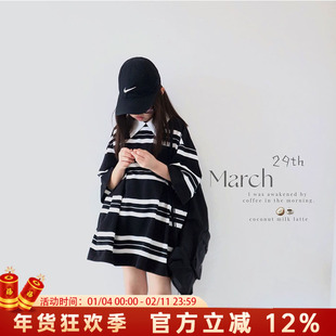 H AND E 原创童装黑白条纹polo衫女童2026夏季新款宽松休闲短袖