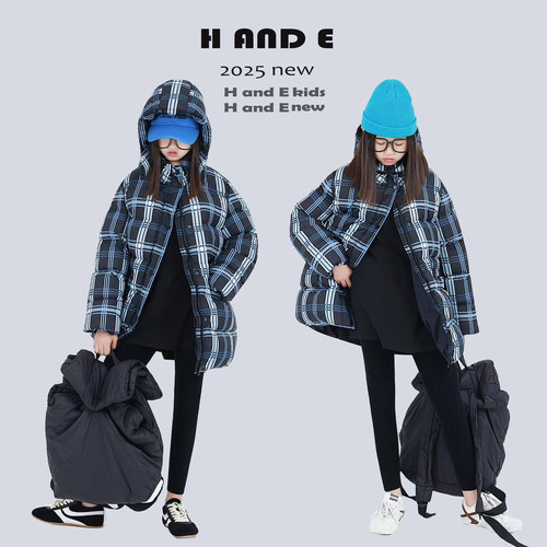 H AND E 原创童装26冬季保暖格子连帽90白鸭绒羽绒服外套女童亲子