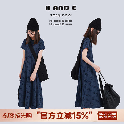 H AND E 原创童装2026夏季蓝色卡通米奇圆领短袖连衣裙长裙女童