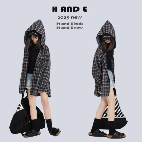 H AND E 原创童装2026春季甜酷风连帽灰色格子衬衫外套男女童亲子