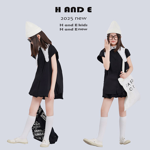 H AND E 原创童装2026夏季蕾丝边无袖兔子领拼接甜美衬衫上衣女童