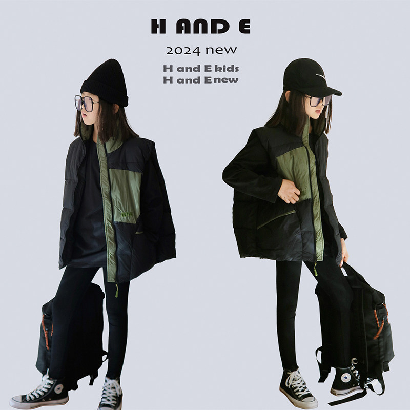 H AND E 原创童装2026新款秋冬季黑绿拼接羽绒马甲潮大码女童装