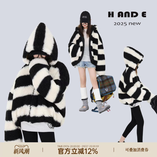 保暖黑白间条羊羔毛夹棉连帽外套