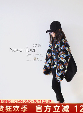 H AND E 原创童装女童设计感黑花羊羔毛棉服2026冬季新款小众上衣