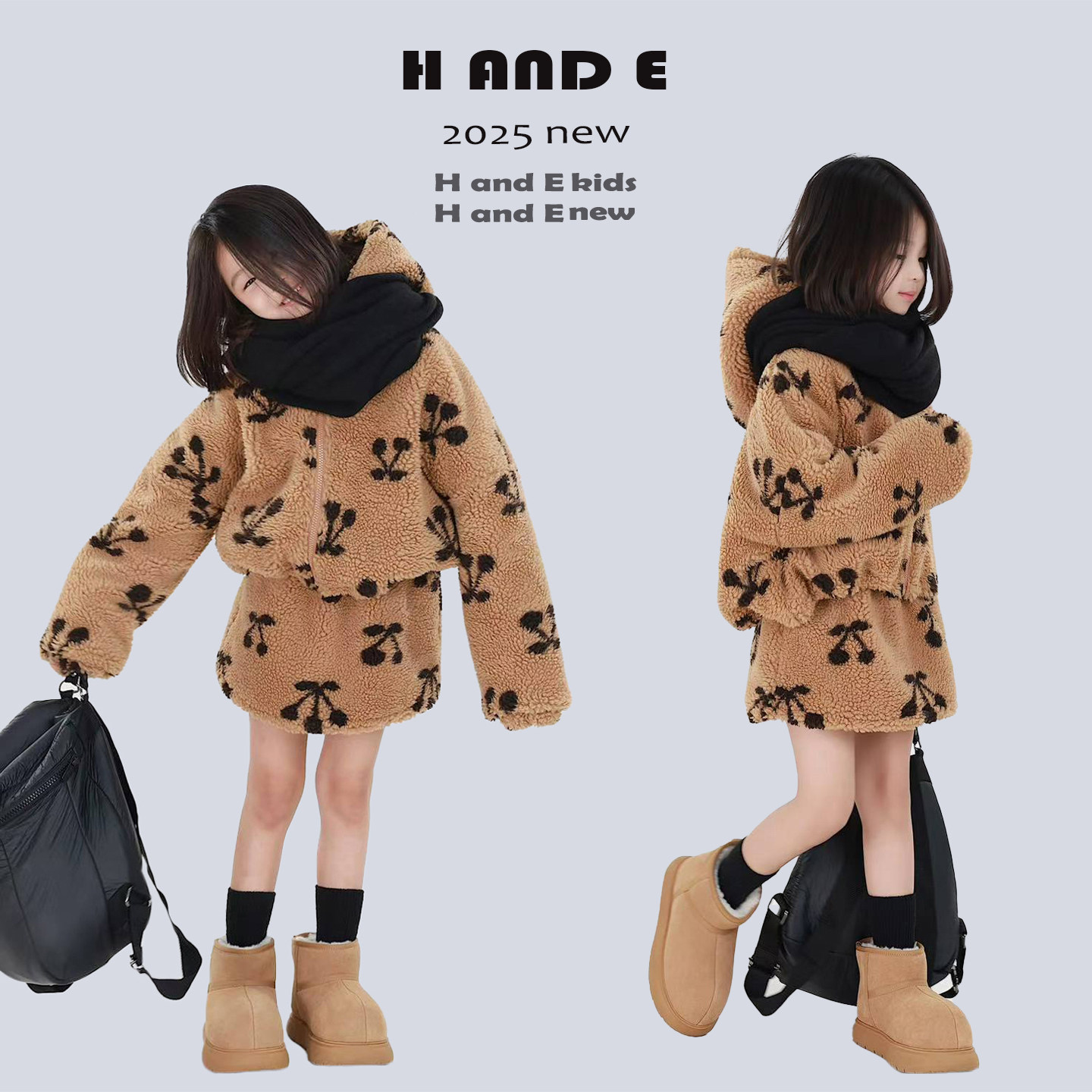 H AND E 原创童装2026新款加厚保暖樱桃夹棉羊羔毛夹棉外套亲子装