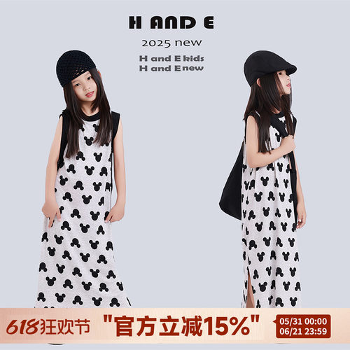 H AND E 原创童装2026夏季可爱无袖灰色米奇长裙女童母女亲子装