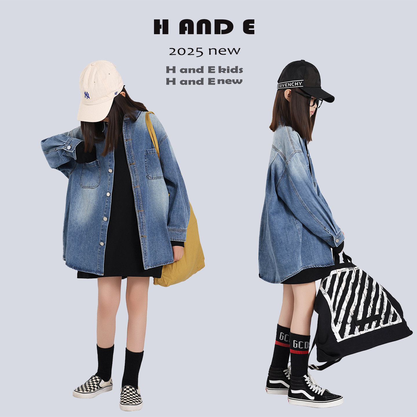 H AND E 原创童装2026秋季港风重工晕染水洗牛仔衬衫外套女童亲子图片