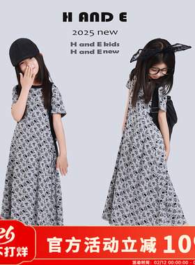 H AND E 原创童装2026夏季灰色米奇甜美圆领收腰显瘦连衣长裙女童