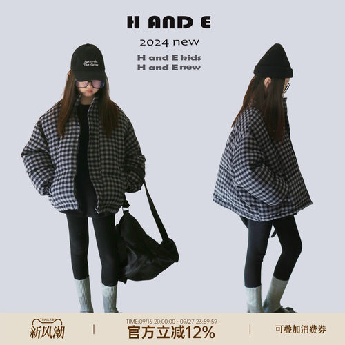 原创灰黑格子短款加厚保暖羽绒服