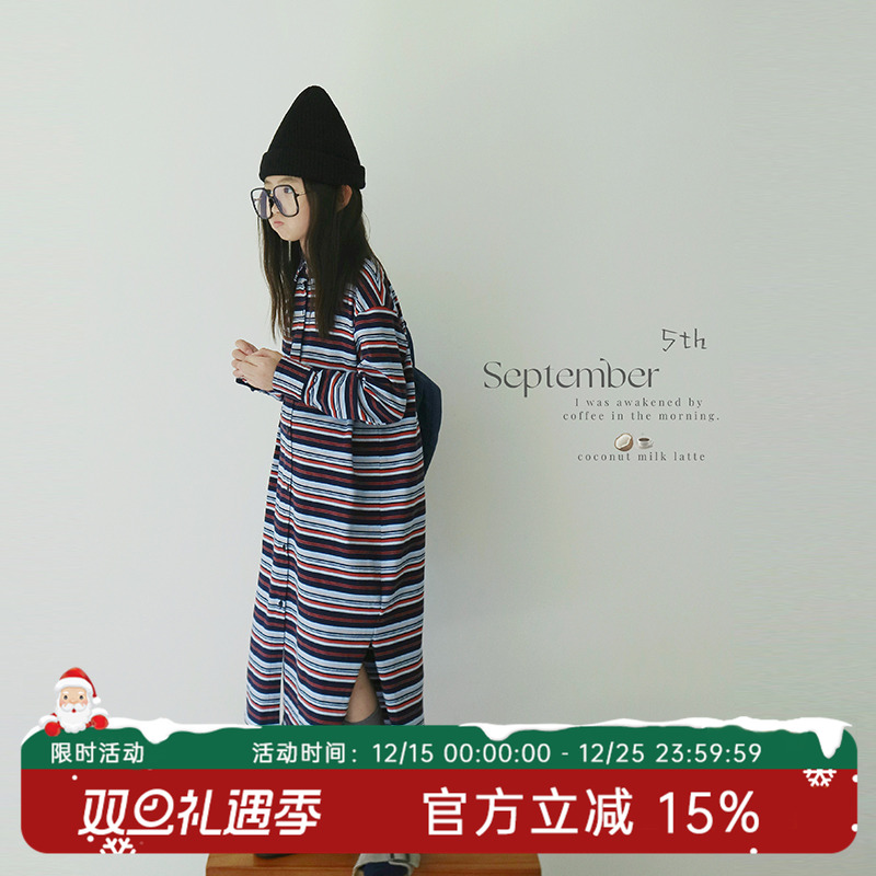 间条衬衫亲子装蓝红间条长款衬衫