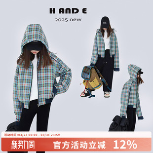 26秋冬季 原创童装 保暖蓝橘格子连帽飞行员夹克棉服外套女 AND