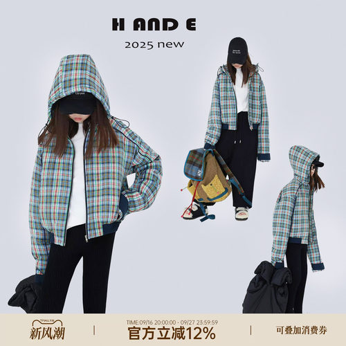 H AND E 原创童装26秋冬季保暖蓝橘格子连帽飞行员夹克棉服外套女