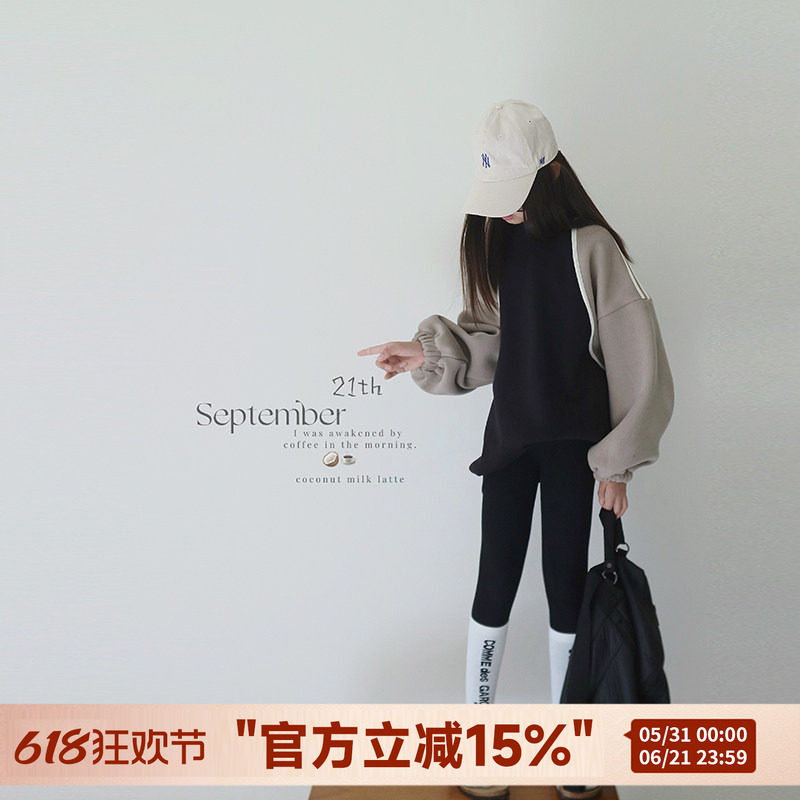 H AND E 原创童装拼接运动加绒卫衣女童2026春季新款中大童上衣