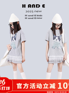 H AND E 原创童装2026夏季灰色猫咪蕾丝边T恤短袖针织百褶裙女童